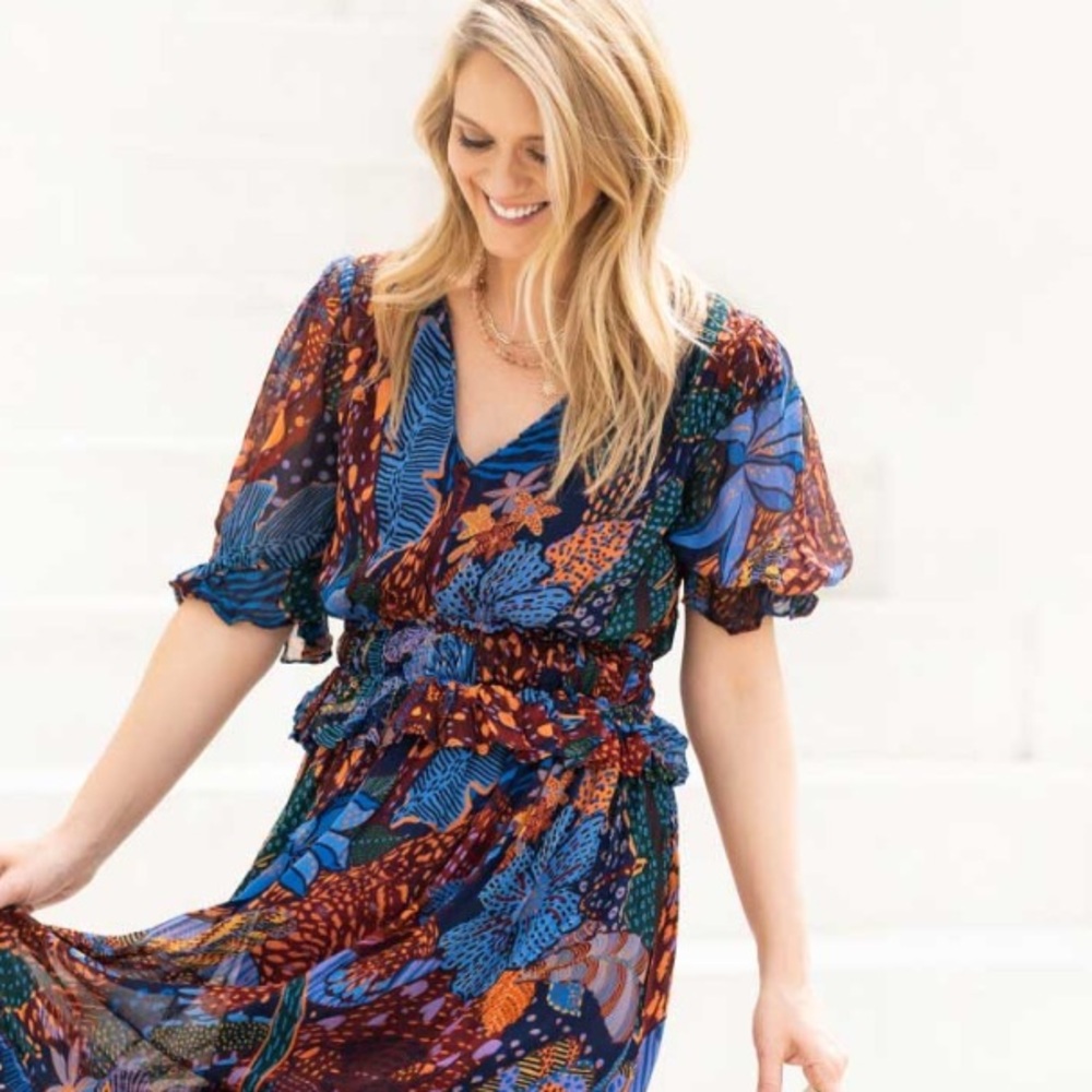 Farm Rio Floral Multi Colored V-Neck 3/4 Sleeve Lined Dress Women’s Size Large